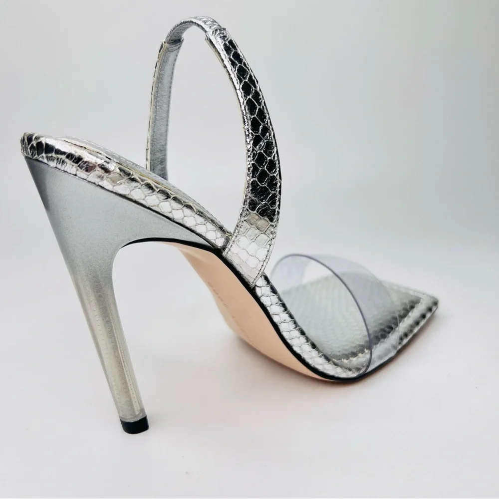 Good American Silver Snake Skin & Lucite Square Toe Slingback Stiletto Heels
